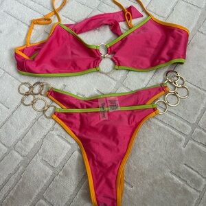 Beach Bunny Pink and Orange Bikini with Green Trim